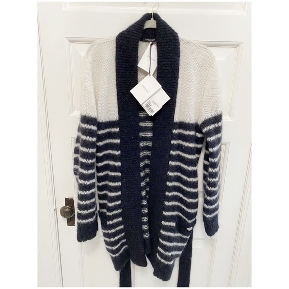 AUTH Balmain Women’s Belted Striped Cardigan Coat Mohair Wool UK 12 EU 40 - Picture 2 of 6